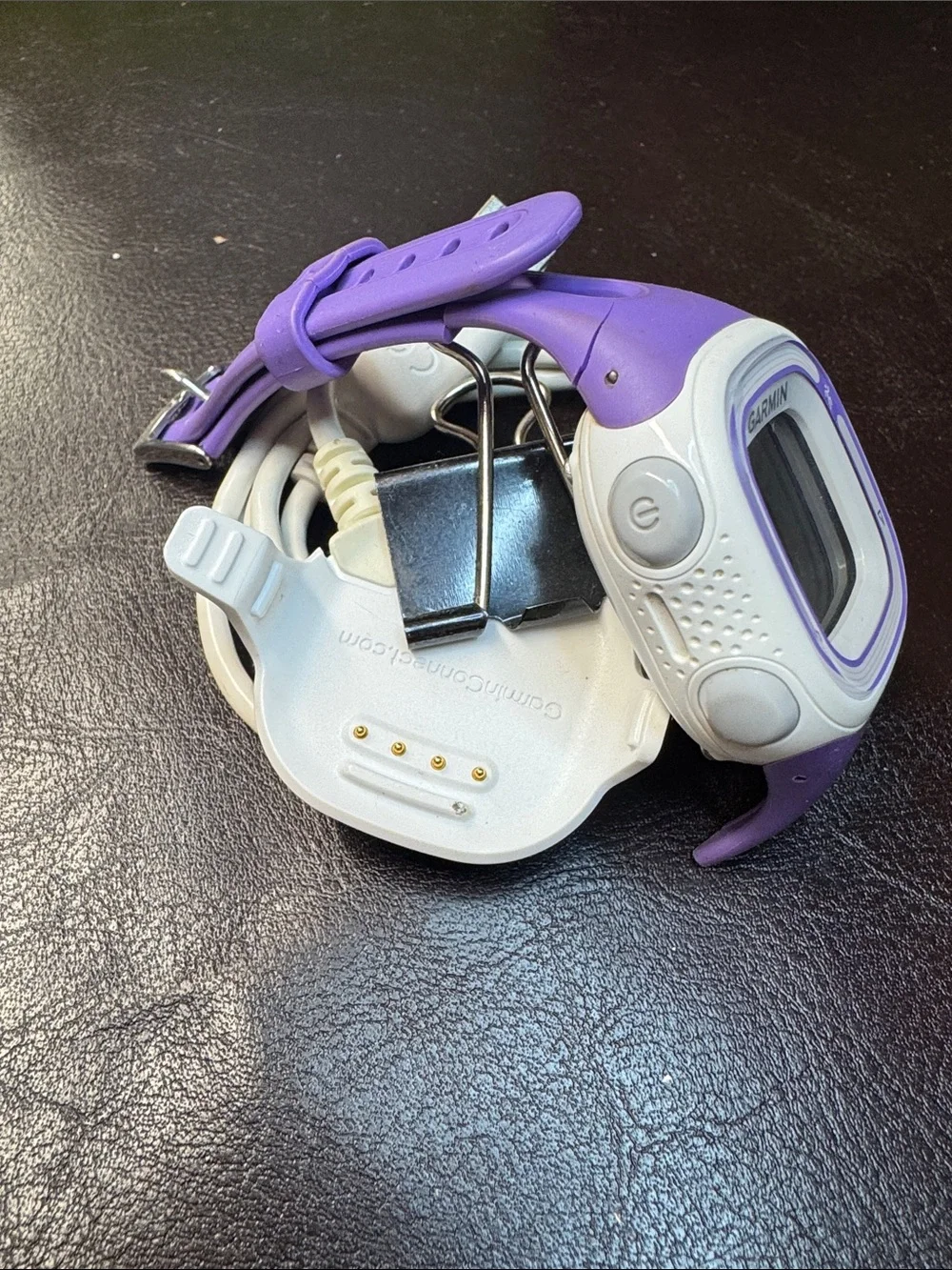 Garmin Purple and White Forerunner 10 Fitness Watch with USB Charging Cable